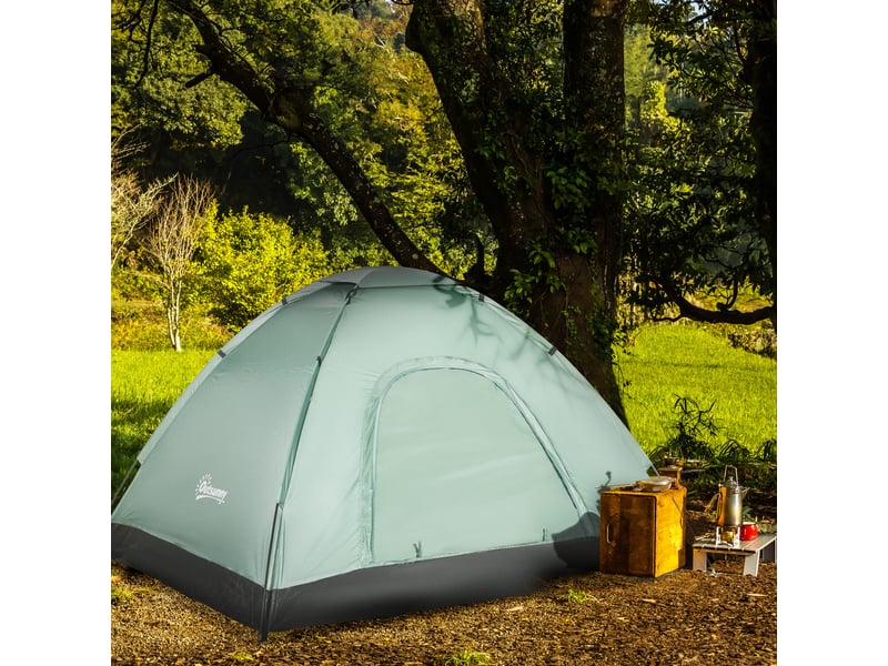  Tente dôme pour 2 personnes, légère, stable et imperméable, avec porte et fenêtre, sac de rangement et crochets, vert foncé.  - Conforama D