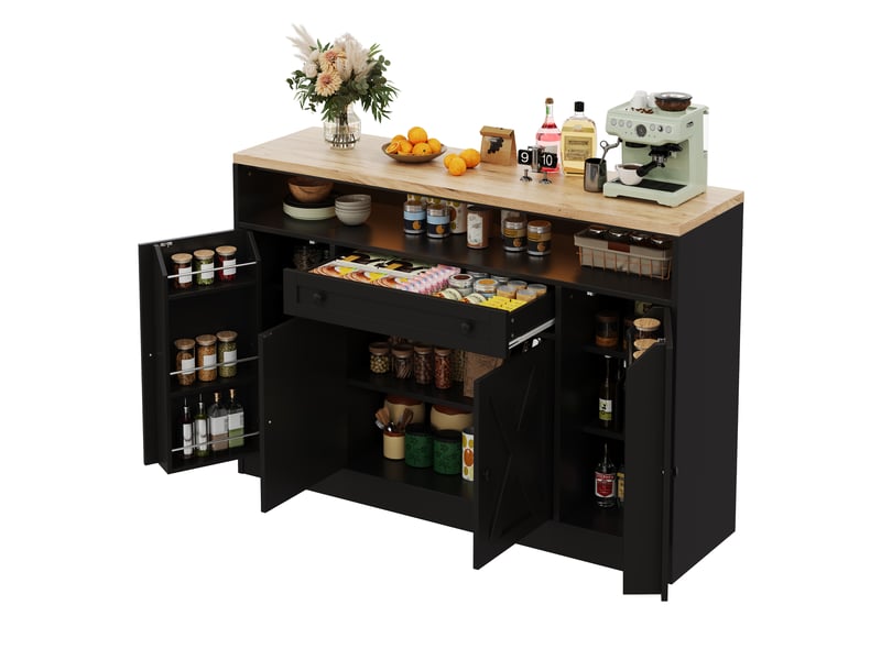  Buffet de cuisine 140x35x95cm avec éclairage led, 1 tiroir, rangements de porte et 4 portes style grange, meuble de rangement, noir evarich - Conforama A