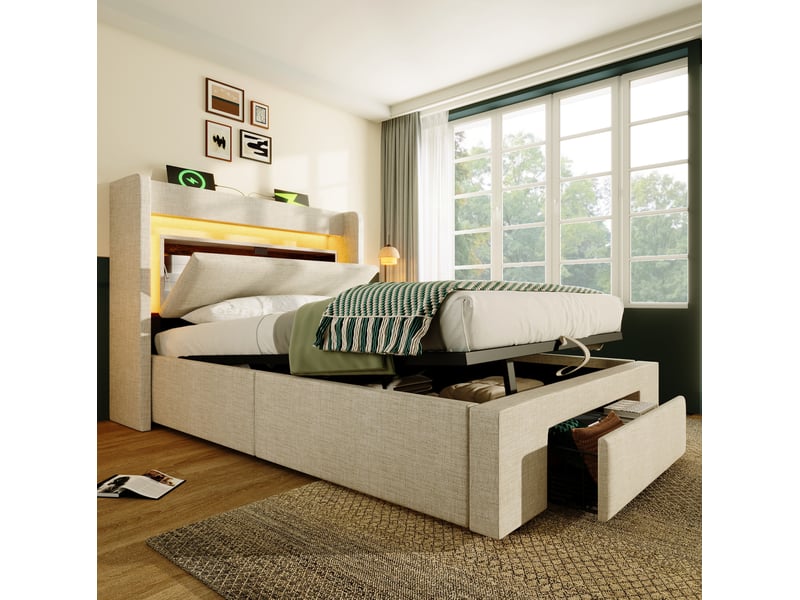  Modenvie lit coffre 90x200 cm - rangement hydraulique, led et ports usb usb-c, matelas inclus - beige  - Conforama D