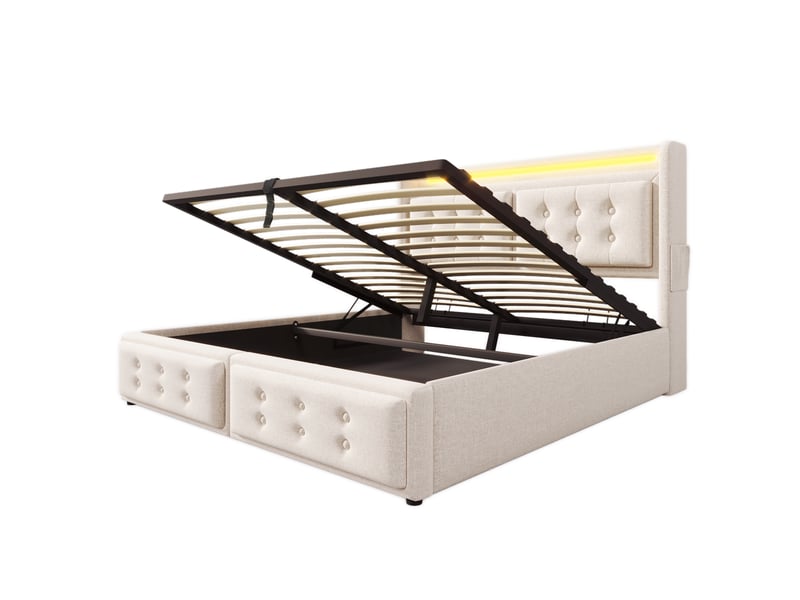  Lit rembourré, lit double 160x200 cm, rangement hydraulique, led, usb, sommier à lattes, charge 300 kg, lin beige, matelas inclus  - Conforama B