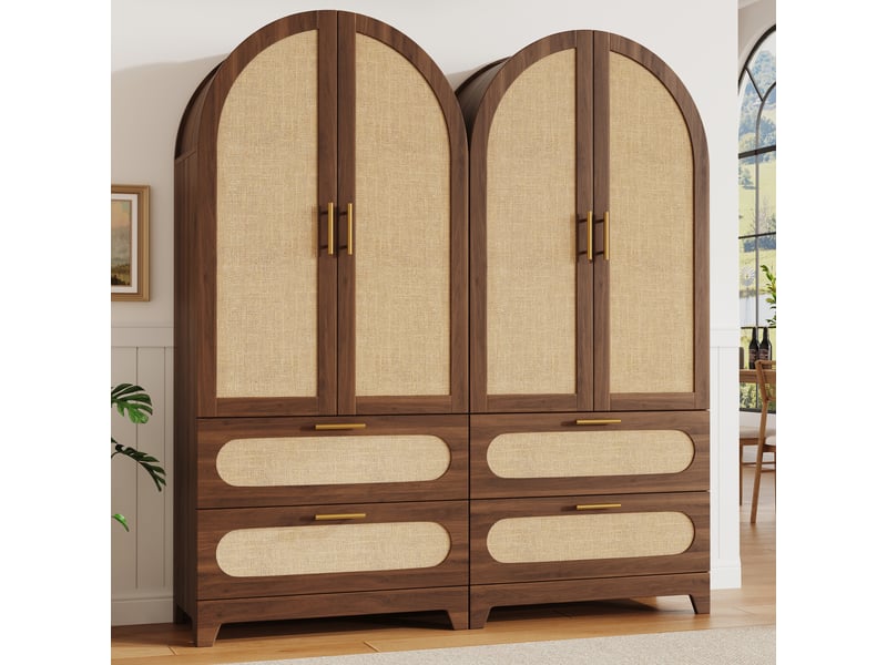  Lot de 2 buffets hauts effet rotin, meubles de rangement 4 portes et 4 tiroirs, décor noyer, 160 x 40 x 175 cm Fay Lum - Conforama D