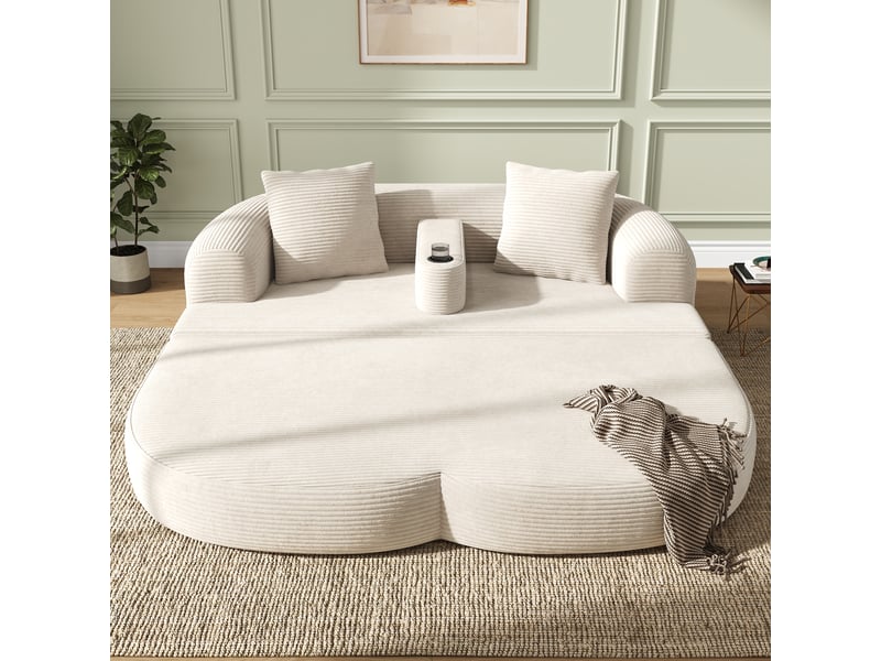  Canapé de sol pliable 2 places, 184x176x47 cm, canapé lounge 2-en-1 sans montage, accoudoir amovible avec porte-gobelet, velours côtelé beige clair  - Conforama E