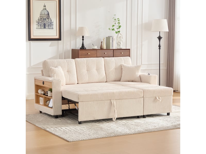  Canapé convertible modulable en velours côtelé avec rangement, usb-c, éclairage led et porte-gobelets beige  - Conforama C
