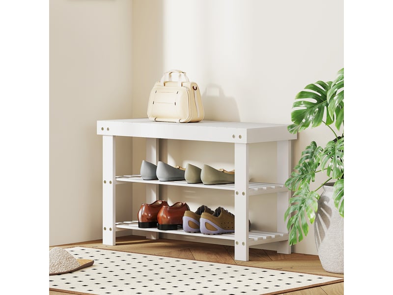  Banc à chaussures bambou, assise + 2 étagères 6 paires, entréesalonchambre, 70x28x45 cm, blanc.  - Conforama D