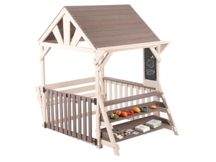 Cuisine d'extérieur enfant en bois 114x147,5x156 cm – gris et beige – toit résistant à la pluie, rangement