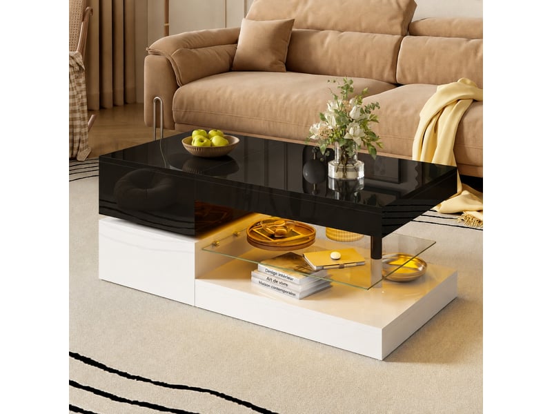  Table basse noire et blanche brillante avec éclairage led, 90 x 45 x 35,5 cm  - Conforama B