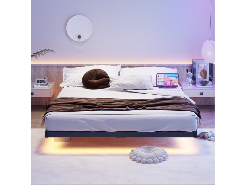  Cadre de lit 140 x 190 cm avec éclairage led et station de charge noir  - Conforama D