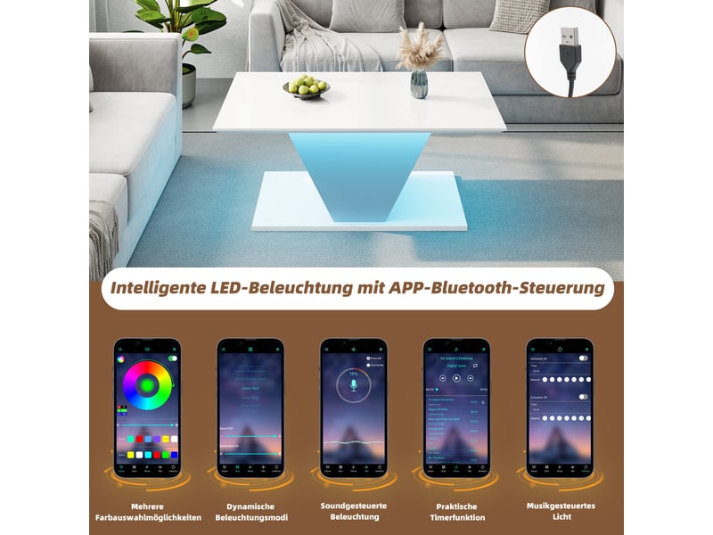  Table basse v‑forme blanche 100×50×46 cm, led, haute brillance – design moderne et fonctionnel  - Conforama E