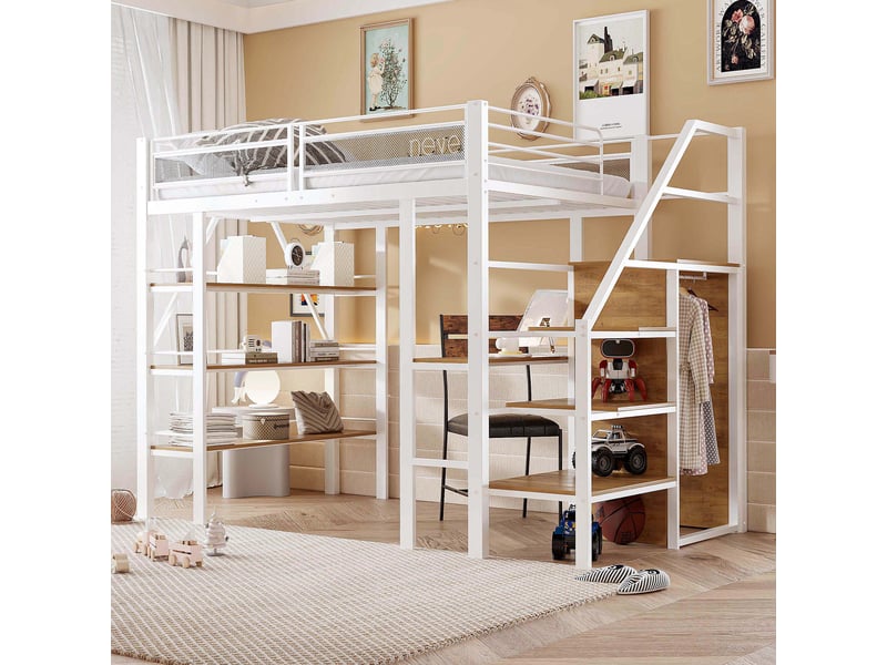  Lit haut 140x200 pour enfant, structure métal blanche, bureau intégré, rangement et marches sécurisées  - Conforama D