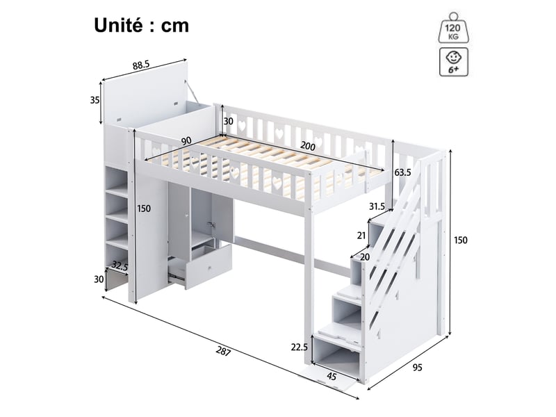  Lit mezzanine 90x200 cm en pin et mdf, lit simple avec escalier de rangement et étagères, sans matelas, blanc  - Conforama D