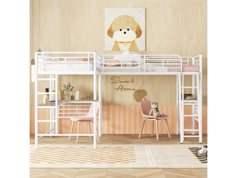  Lit mezzanine 90×200 cm avec double escalier et table sous le lit, lit enfant avec garde-corps haut, deux lits superposés, blanc  - Conforama D