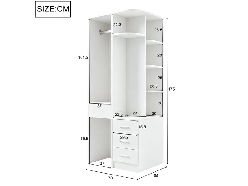 Armoire dressing,70x55x175 cm,avec penderie, étagères et tiroirs,mdf,blanche - Conforama C