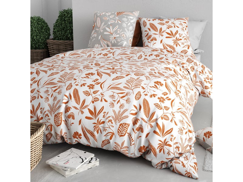  Parure housse de couette 260x240cm + 2 taies motif feuillage blanc et orange 100% coton - ahylia AHYLIA - Conforama B