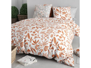 Parure housse de couette 260x240cm + 2 taies motif feuillage blanc et orange 100% coton - ahylia