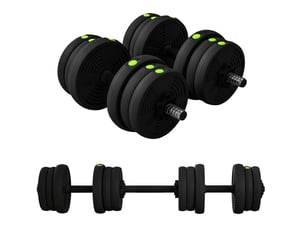 Set d'haltères 2-en-1 réglable 20 kg noir et vert, avec barre longue, pour varier vos exercices à domicile