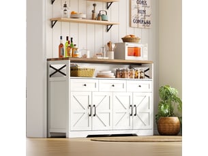 Buffet rustique blanc et marron 140x95cm, meuble de rangement cuisine avec 3 tiroirs et 2 portes, style campagne moderne
