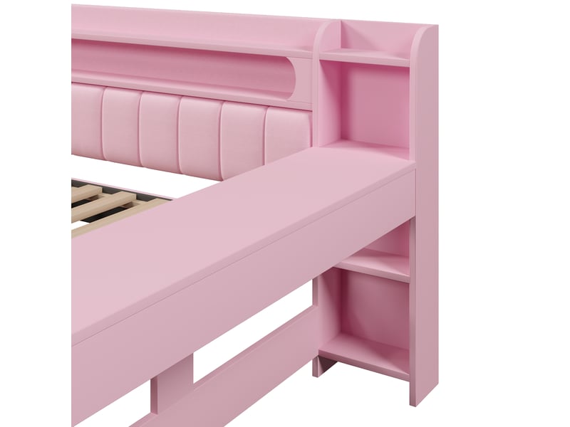  Lit plateforme 140x200 cm avec bureau, 2 tiroirs, led 7 couleurs, ports usb, tissu lin rose, sans matelas  - Conforama E