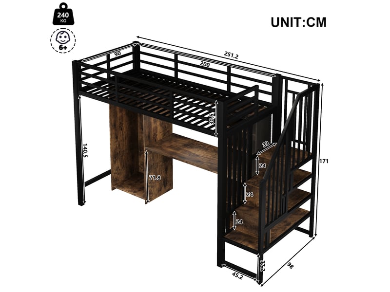  Lit mezzanine noir 90 × 200 cm, bureau, armoire, rangements et escalier intégré  - Conforama C