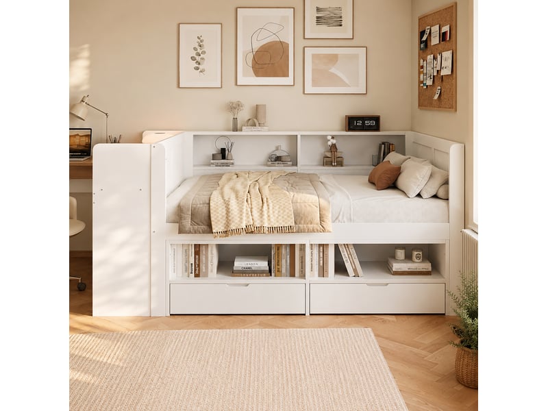 Lit combiné 120x200 cm avec bureau, rangements et 2 tiroirs blanc - Conforama D