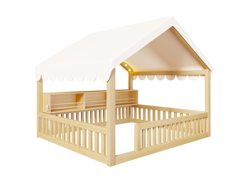  Lit maison 140x200 cm bois naturel, avec baldaquin, led, bibliothèque, garde-corps, structure bois, sommier inclus, sans matelas  - Conforama E