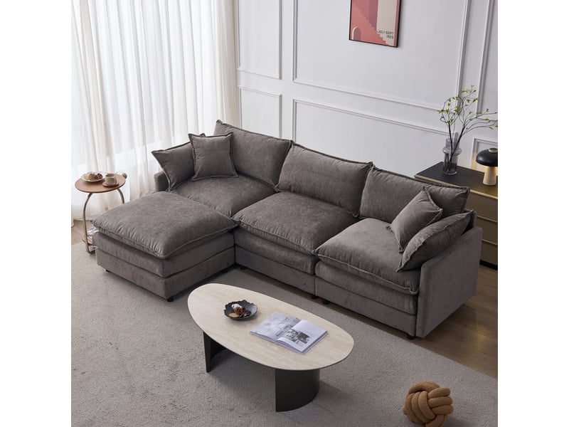  Canapé d'angle 3 places en tissu chenille gris avec méridienne et pouf mobile pour salon moderne  - Conforama B