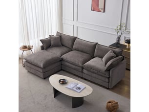 Canapé d'angle 3 places en tissu chenille gris avec méridienne et pouf mobile pour salon moderne