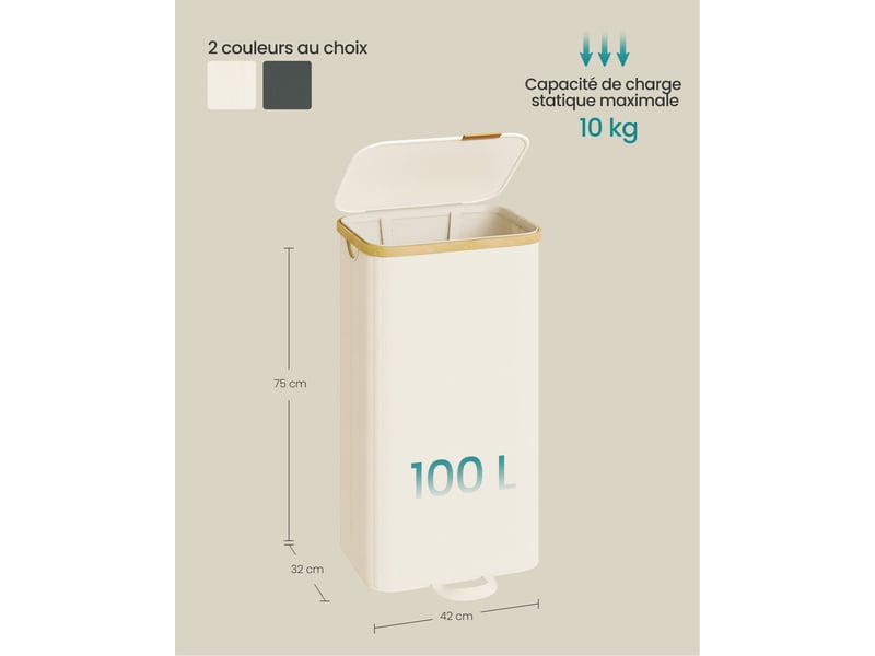 Panier à linge design moderne 42 x 32 x 75 cm avec couvercle amovible pour chambre buanderie en bambou blanc crème 12_0012848  - Conforama B