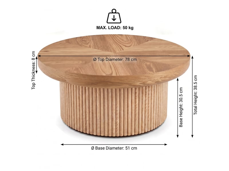  Table basse ronde à plateau épais 8cm en bois et mdf, coloris naturel  - Conforama E