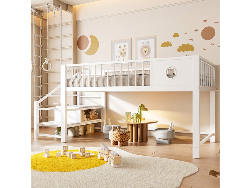  Lit surélevé bas enfant 90 x 200 cm avec escalier de rangement, blanc, métal  - Conforama E