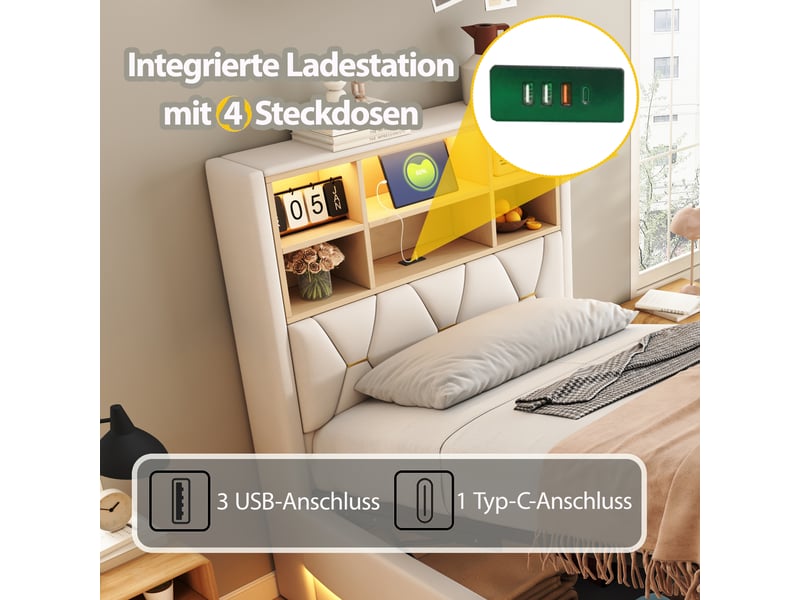  Lit rembourré 140×200 cm avec rangement hydraulique, led pilotable par application, usb, métal et lin beige  - Conforama D