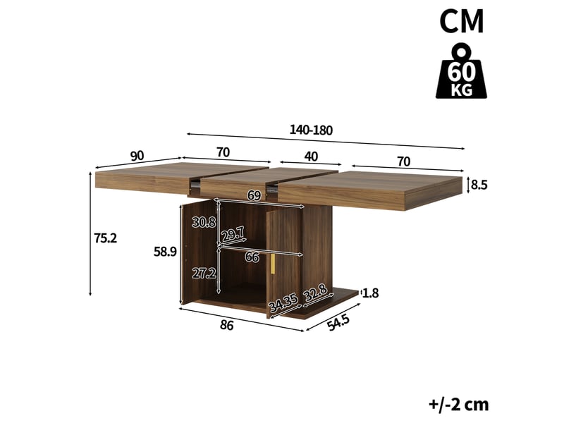  Table à manger extensible 140–180 cm, rangement intégré, portes rainurées  - Conforama C