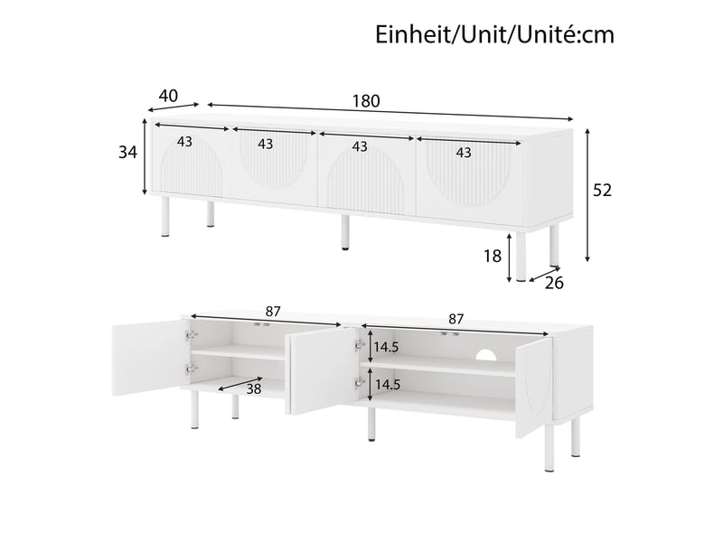  Meuble tv blanc, rangement, gestion des câbles, étagères réglables, plan relevable, design moderne - 180x40x52cm - salon  - Conforama E