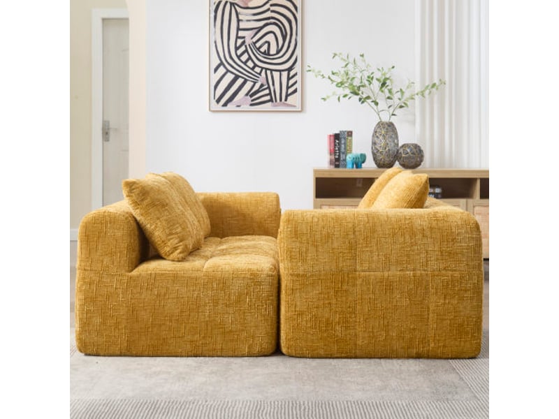  Canapé d'angle en l, canapé 3 places en chenille avec coussins et accoudoirs, poche latérale pour télécommande, jaune  - Conforama B