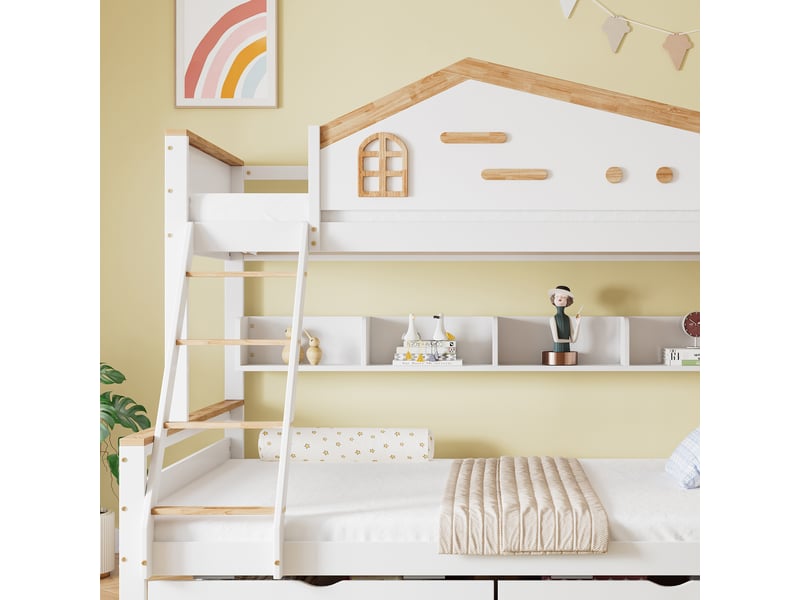  Lit superposé 90x200cm&amp;140x200cm, avec fenêtre, échelle oblique, deux tiroirs et rangement ouvert, blanc et naturel  - Conforama E