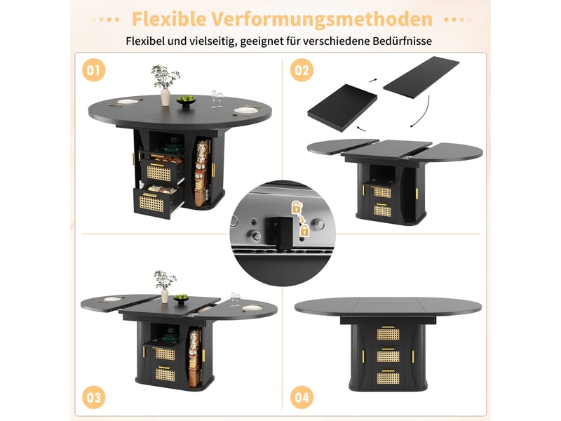  118–158 noir table à manger extensible avec rangement, design moderne, structure fonctionnelle pour cuisine et salle à manger  - Conforama D