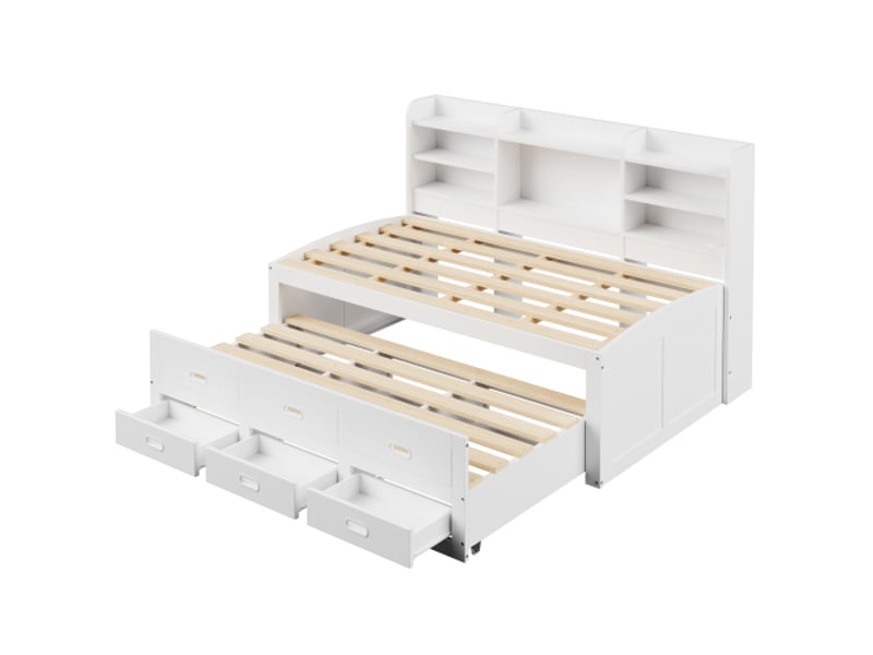 Lit enfant 90x200 cm avec lit gigogne 90x190 cm, led, 3 tiroirs, chevet rangement, usb, blanc, sans matelas - Conforama E