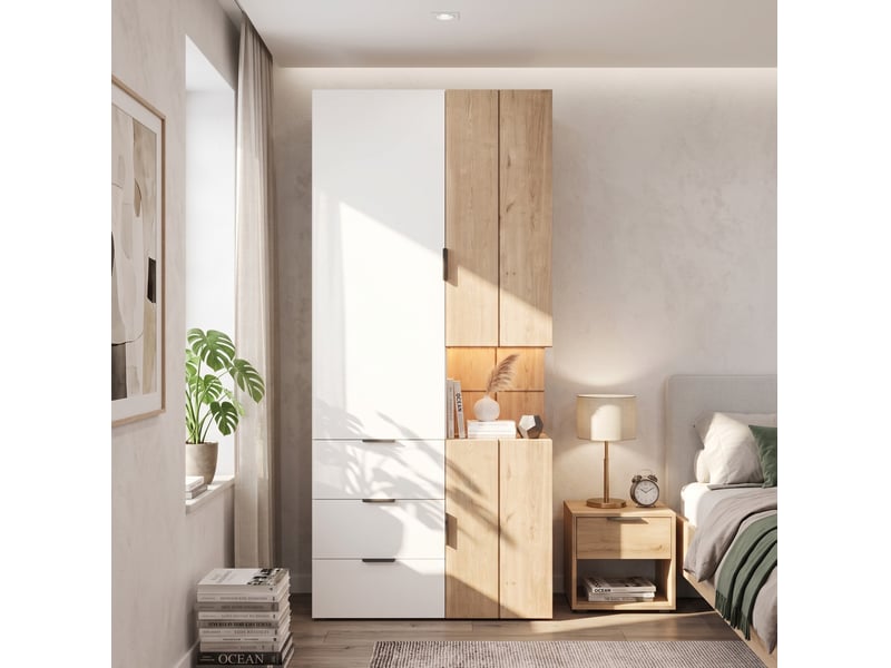  Armoire 90x49x200 cm avec éclairage led et tiroir à bijoux, mdf, blanc et bois, dressing et accessoires, chambre déco  - Conforama B