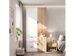 Armoire 90x49x200 cm avec éclairage led et tiroir à bijoux, mdf, blanc et bois, dressing et accessoires, chambre déco