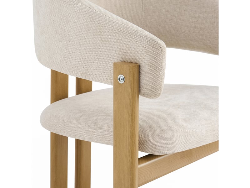  Lot de 6 chaises de salle à manger en lin beige avec accoudoirs, structure métal effet bois naturel, dossier rembourré, charge 150 kg  - Conforama D