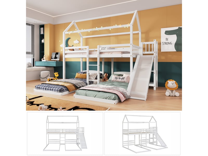 Lit superposé 90x200 cm - lit enfant 3 places avec toboggan et toit cabane, échelle de sécurité, mdf, blanc, sans matelas  - Conforama D