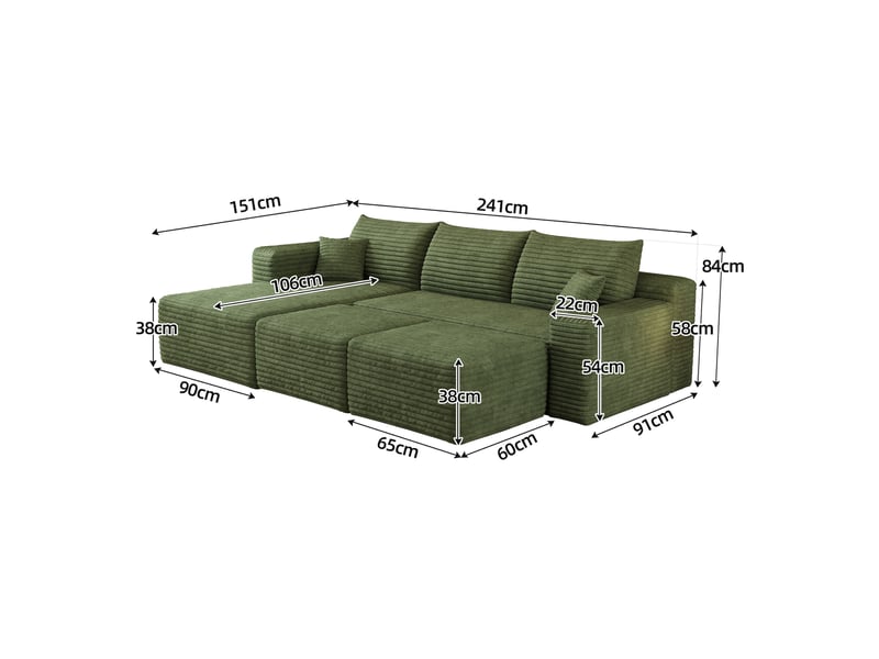 Canapé d'angle modulaire 3 places avec 2 poufs 241 x 151 x 58 cm, assise profonde, design nuage, livré monté, velours côtelé, vert Bliss Lite - Conforama C