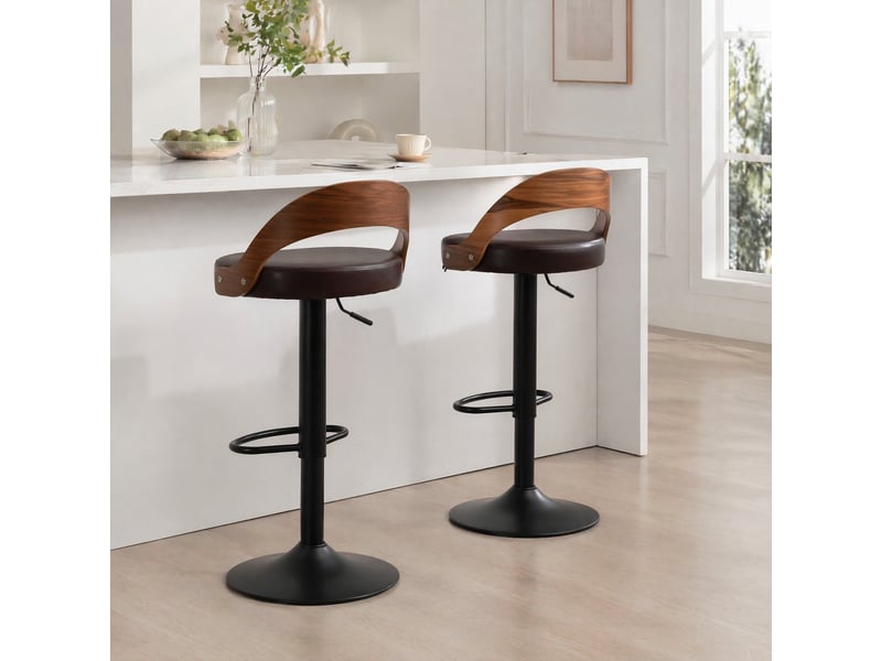 Lot de 2 tabourets de bar réglables 360°,avec dossier effet noyer,pu,marron - Conforama B