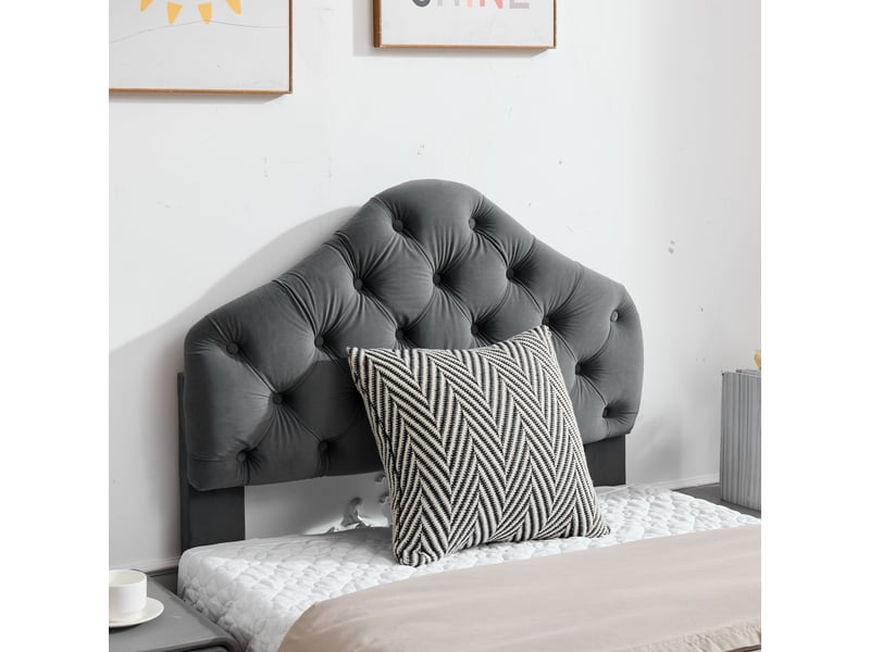  Lit simple 90x200 cadre de lit en velours gris avec tête de lit réglable en hauteur et sommier à lattes  - Conforama E