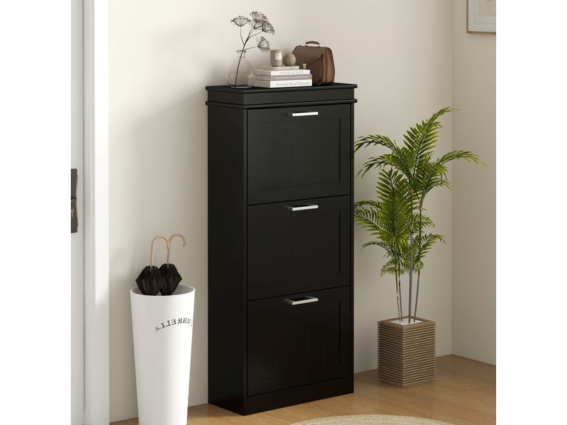  Meuble à chaussures, armoire à chaussures 3 portes abattants 15 paires, étagères réglables, 54 x 24 x 117,5 cm, noir  - Conforama C