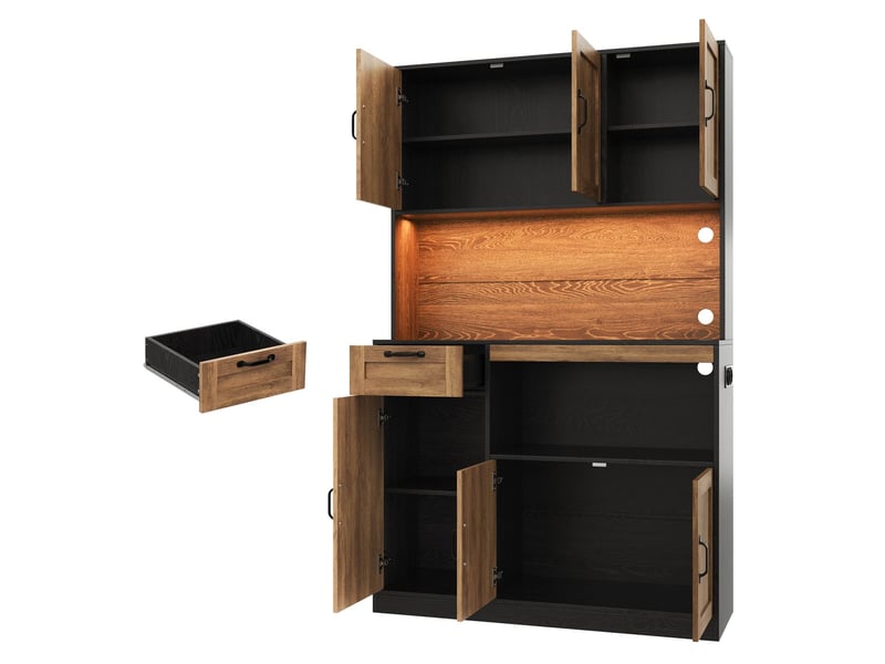 Vitrine 110 x 40 x 180 cm éclairage led meuble de rangement 6 portes 1 tiroir prises intégrées rangement haut rangement à provisions - Conforama E