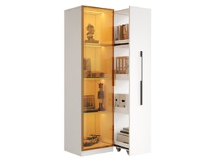 Vitrine en verre avec éclairage led et tiroir latéral, bibliothèque vitrée 70x40x160cm, meuble de rangement élégant pour salon.