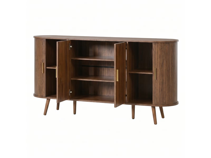  Buffet bas 150 cm en mdf décor noyer, 4 portes dont 2 coulissantes, côtés arrondis rainurés, pour salle à manger et entrée  - Conforama D