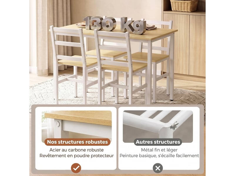  Ensemble table salle à manger avec 4 chaises, chaises à dossier à lattes, table rectangulaire 108 cm, chêne et blanc  - Conforama E