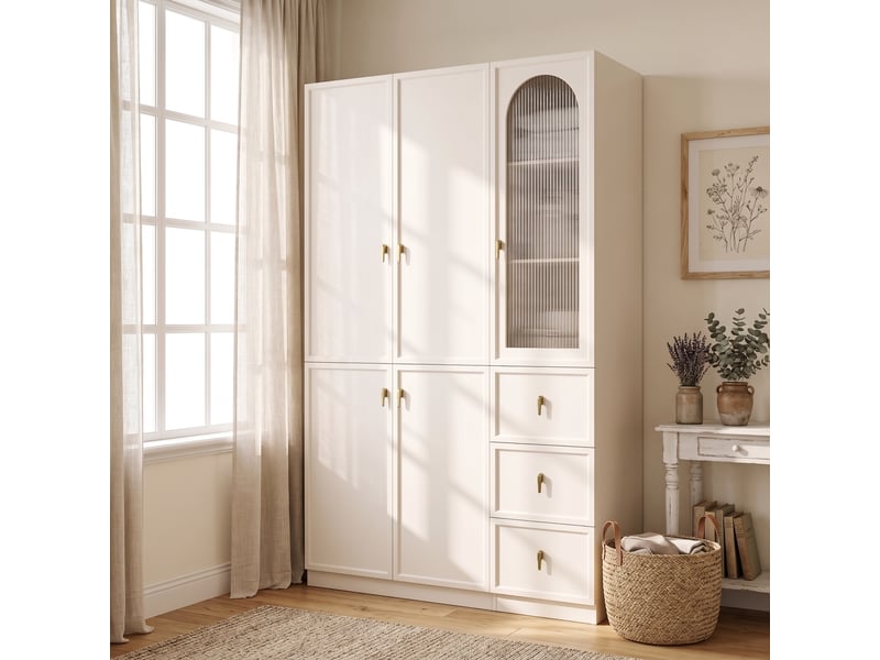 Armoire 135 x 48 x 200 cm avec éclairage led, 5 portes, 3 penderies et 3 tiroirs, grand meuble haut à portes battantes moderne pour chambre ou chambre d’enfant - blanc OPULERANE TRADING LTD - Conforama E