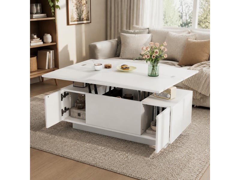  Table basse à double plateau relevable avec rangement, 100x50x43 cm, blanche  - Conforama B